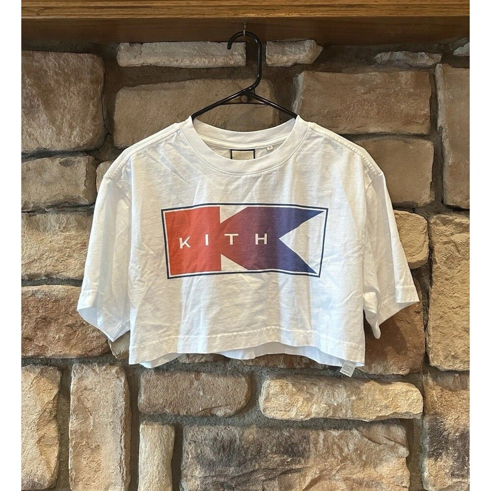 Kith Authentic Women’s Crop T Shirt Box Logo Tee White Graphic crew neck top M